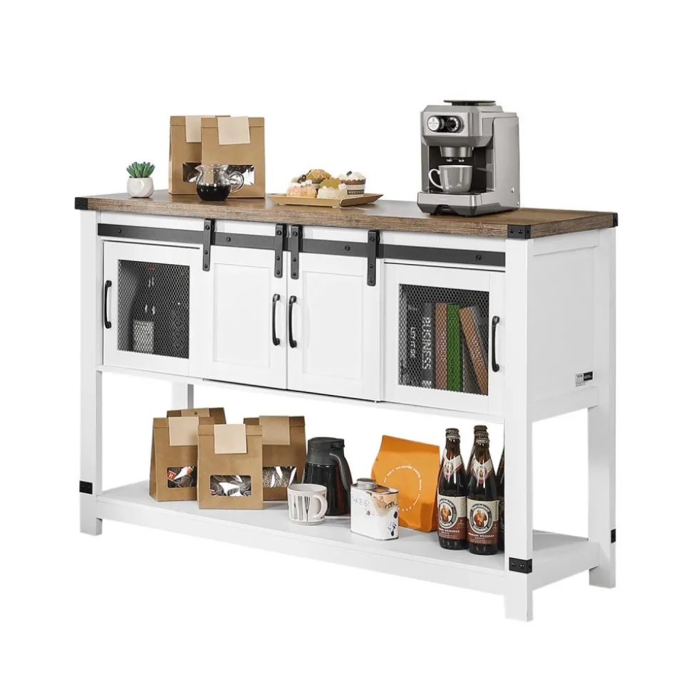 VEVOR Coffee Bar Cabinet, 47.3 x 15.7 x 32.7 in Farmhouse Coffee Bar Cabinet with 4-Tier Storage, Coffee Bar Table with Barn Doors, Farmhouse Sideboard Buffet Cabinet for Living Room, Entryway