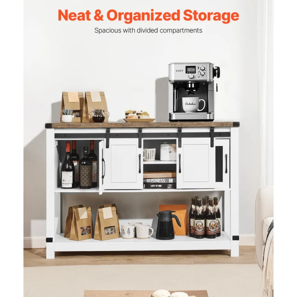 VEVOR Coffee Bar Cabinet, 47.3 x 15.7 x 32.7 in Farmhouse Coffee Bar Cabinet with 4-Tier Storage, Coffee Bar Table with Barn Doors, Farmhouse Sideboard Buffet Cabinet for Living Room, Entryway