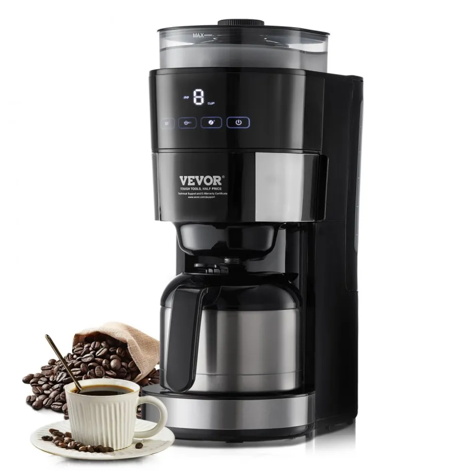 VEVOR Coffee Maker with Grinder, 8 Cup Programmable Coffee Machine, Grind and Brew Coffee Maker with 24-Hour Timer for Auto Brew, Reusable Filter, for Home Office Restaurant