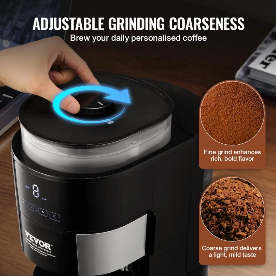 VEVOR Coffee Maker with Grinder, 8 Cup Programmable Coffee Machine, Grind and Brew Coffee Maker with 24-Hour Timer for Auto Brew, Reusable Filter, for Home Office Restaurant
