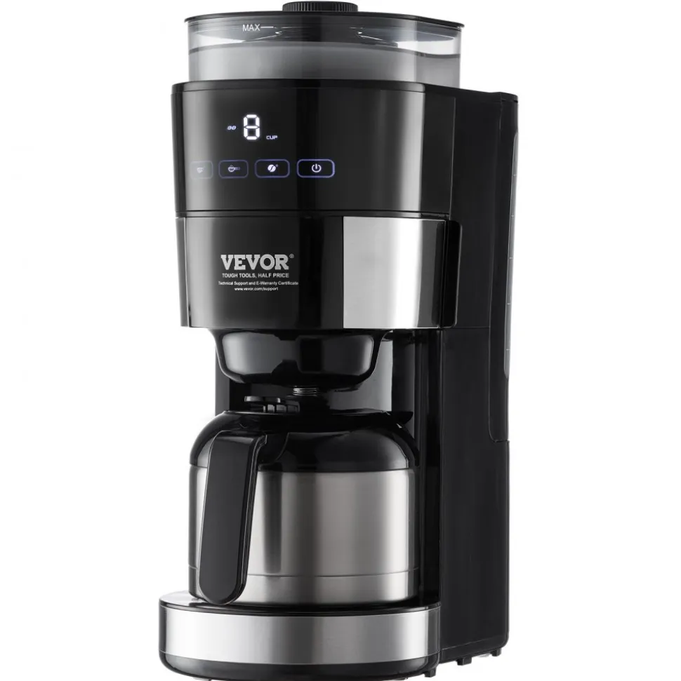VEVOR Coffee Maker with Grinder, 8 Cup Programmable Coffee Machine, Grind and Brew Coffee Maker with 24-Hour Timer for Auto Brew, Reusable Filter, for Home Office Restaurant