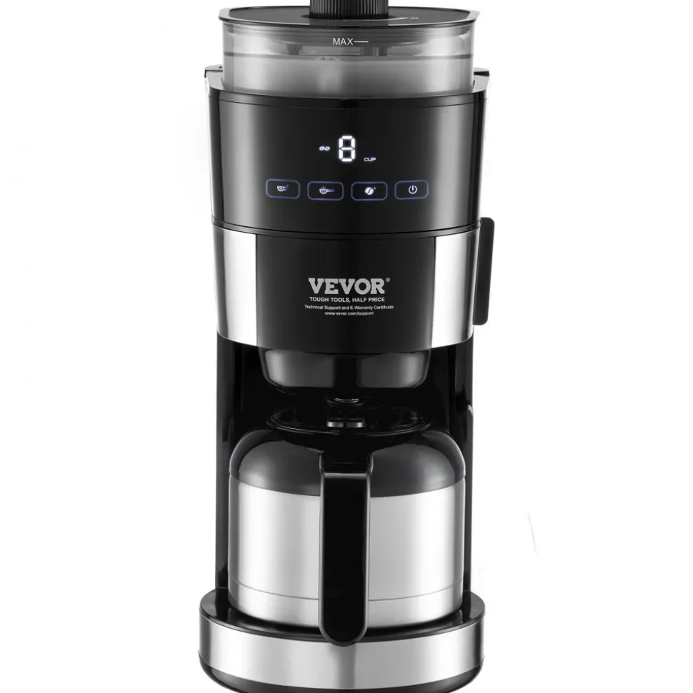 VEVOR Coffee Maker with Grinder, 8 Cup Programmable Coffee Machine, Grind and Brew Coffee Maker with 24-Hour Timer for Auto Brew, Reusable Filter, for Home Office Restaurant