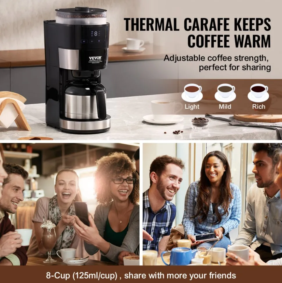 VEVOR Coffee Maker with Grinder, 8 Cup Programmable Coffee Machine, Grind and Brew Coffee Maker with 24-Hour Timer for Auto Brew, Reusable Filter, for Home Office Restaurant