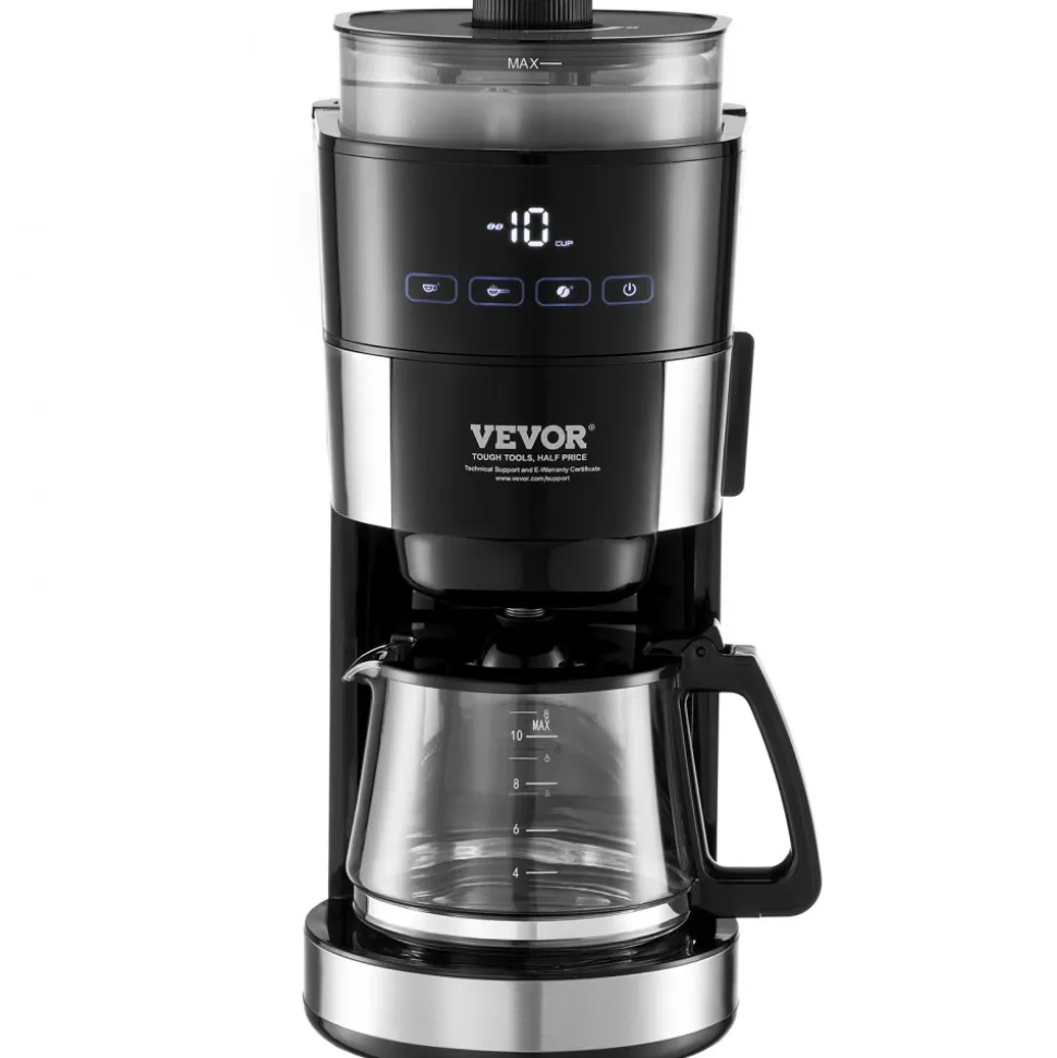 VEVOR Coffee Maker with Grinder, 10 Cup Coffee Machine, Grind and Brew Coffee Maker with 3 Brew Strength Control, Drip Coffee Maker with Adjustable Grinding Coarseness, for Home Office Restaurant