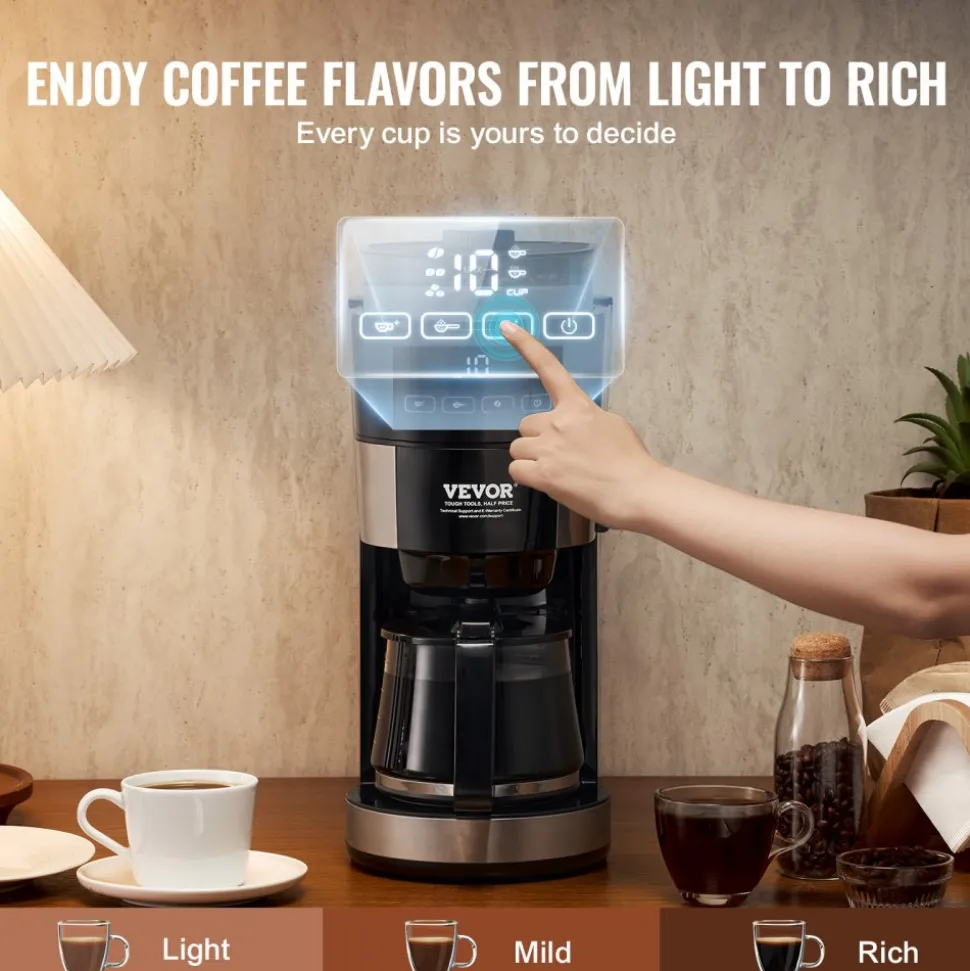 VEVOR Coffee Maker with Grinder, 10 Cup Coffee Machine, Grind and Brew Coffee Maker with 3 Brew Strength Control, Drip Coffee Maker with Adjustable Grinding Coarseness, for Home Office Restaurant