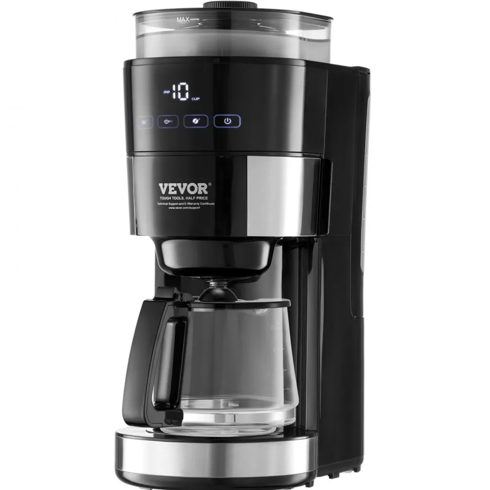 VEVOR Coffee Maker with Grinder, 10 Cup Coffee Machine, Grind and Brew Coffee Maker with 3 Brew Strength Control, Drip Coffee Maker with Adjustable Grinding Coarseness, for Home Office Restaurant