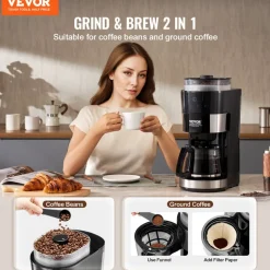 VEVOR Coffee Maker with Grinder, 10 Cup Coffee Machine, Grind and Brew Coffee Maker with 3 Brew Strength Control, Drip Coffee Maker with Adjustable Grinding Coarseness, for Home Office Restaurant