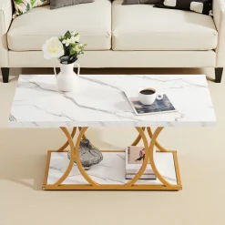 VEVOR Coffee Table, Modern Faux Marble Coffee Table, Large 2-Tier Rectangle Center Desk with Geometric Legs, Minimalist Sturdy Metal Frame Accent End Desk for Living Room, Office, Easy Assembly, White