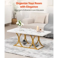 VEVOR Coffee Table, Modern Faux Marble Coffee Table, Large 2-Tier Rectangle Center Desk with Geometric Legs, Minimalist Sturdy Metal Frame Accent End Desk for Living Room, Office, Easy Assembly, White