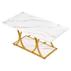 VEVOR Coffee Table, Modern Faux Marble Coffee Table, 2-Tier Rectangle Center Desk with Geometric Legs, Minimalist Sturdy Metal Frame Accent End Desk for Living Room, Office, Easy Assembly, White