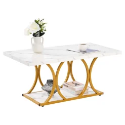 VEVOR Coffee Table, Modern Faux Marble Coffee Table, 2-Tier Rectangle Center Desk with Geometric Legs, Minimalist Sturdy Metal Frame Accent End Desk for Living Room, Office, Easy Assembly, White