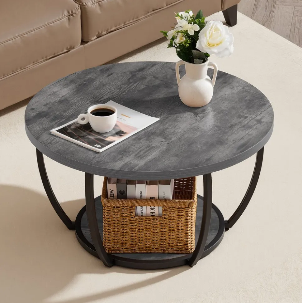 VEVOR Coffee Table, Modern Round Coffee Table, 2 Tiers Wooden Circle Center Desk with Open Storage, Minimalist Sturdy Metal Frame Accent End Desk for Living Room, Office, Easy Assembly, Grey