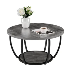 VEVOR Coffee Table, Modern Round Coffee Table, 2 Tiers Wooden Circle Center Desk with Open Storage, Minimalist Sturdy Metal Frame Accent End Desk for Living Room, Office, Easy Assembly, Grey