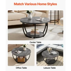 VEVOR Coffee Table, Modern Round Coffee Table, 2 Tiers Wooden Circle Center Desk with Open Storage, Minimalist Sturdy Metal Frame Accent End Desk for Living Room, Office, Easy Assembly, Grey