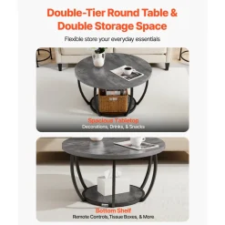 VEVOR Coffee Table, Modern Round Coffee Table, 2 Tiers Wooden Circle Center Desk with Open Storage, Minimalist Sturdy Metal Frame Accent End Desk for Living Room, Office, Easy Assembly, Grey