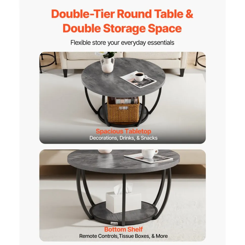 VEVOR Coffee Table, Modern Round Coffee Table, 2 Tiers Wooden Circle Center Desk with Open Storage, Minimalist Sturdy Metal Frame Accent End Desk for Living Room, Office, Easy Assembly, Grey