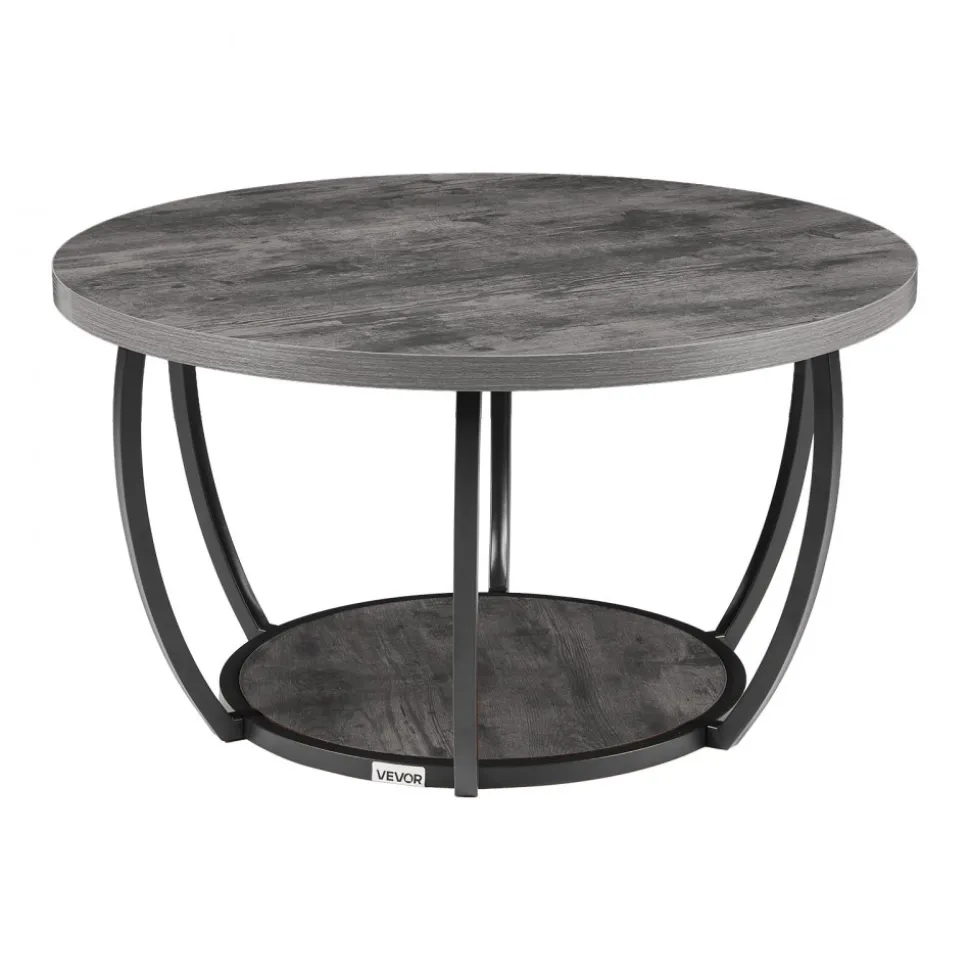 VEVOR Coffee Table, Modern Round Coffee Table, 2 Tiers Wooden Circle Center Desk with Open Storage, Minimalist Sturdy Metal Frame Accent End Desk for Living Room, Office, Easy Assembly, Grey