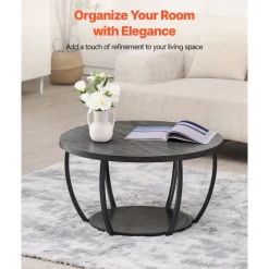VEVOR Coffee Table, Modern Round Coffee Table, 2 Tiers Wooden Circle Center Desk with Open Storage, Minimalist Sturdy Metal Frame Accent End Desk for Living Room, Office, Easy Assembly, Grey