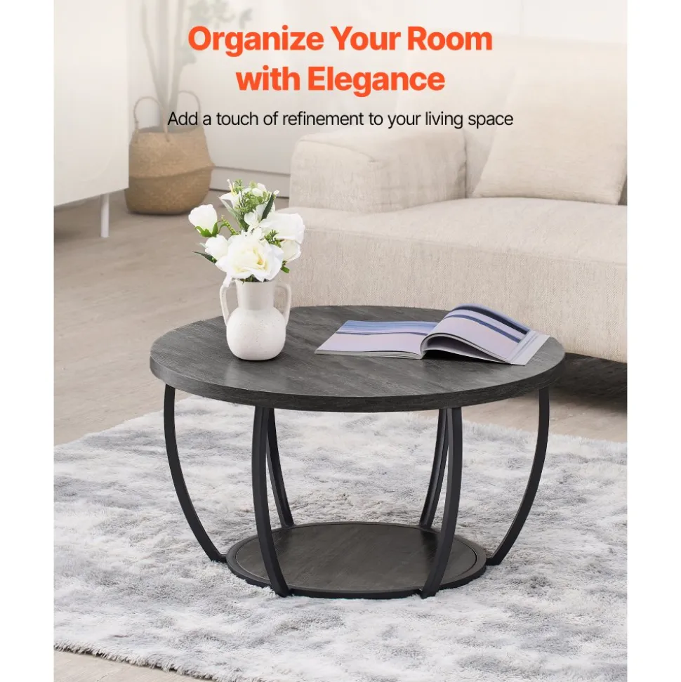 VEVOR Coffee Table, Modern Round Coffee Table, 2 Tiers Wooden Circle Center Desk with Open Storage, Minimalist Sturdy Metal Frame Accent End Desk for Living Room, Office, Easy Assembly, Grey