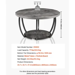 VEVOR Coffee Table, Modern Round Coffee Table, 2 Tiers Wooden Circle Center Desk with Open Storage, Minimalist Sturdy Metal Frame Accent End Desk for Living Room, Office, Easy Assembly, Grey