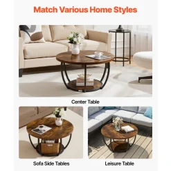 VEVOR Coffee Table, Modern Round Coffee Table, 2 Tiers Wooden Circle Center Desk with Open Storage, Minimalist Sturdy Metal Frame Accent End Desk for Living Room, Office, Easy Assembly, Rustic Brown