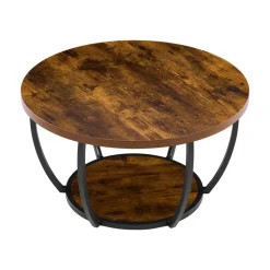 VEVOR Coffee Table, Modern Round Coffee Table, 2 Tiers Wooden Circle Center Desk with Open Storage, Minimalist Sturdy Metal Frame Accent End Desk for Living Room, Office, Easy Assembly, Rustic Brown