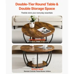 VEVOR Coffee Table, Modern Round Coffee Table, 2 Tiers Wooden Circle Center Desk with Open Storage, Minimalist Sturdy Metal Frame Accent End Desk for Living Room, Office, Easy Assembly, Rustic Brown