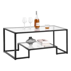 VEVOR Coffee Table, Modern Tempered Glass Coffee Table, 2 Tiers Rectangle Glass Center Desk with Open Storage, Minimalist Sturdy Metal Frame Accent End Desk for Living Room, Office, Easy Assembly