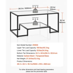 VEVOR Coffee Table, Modern Tempered Glass Coffee Table, 2 Tiers Rectangle Glass Center Desk with Open Storage, Minimalist Sturdy Metal Frame Accent End Desk for Living Room, Office, Easy Assembly
