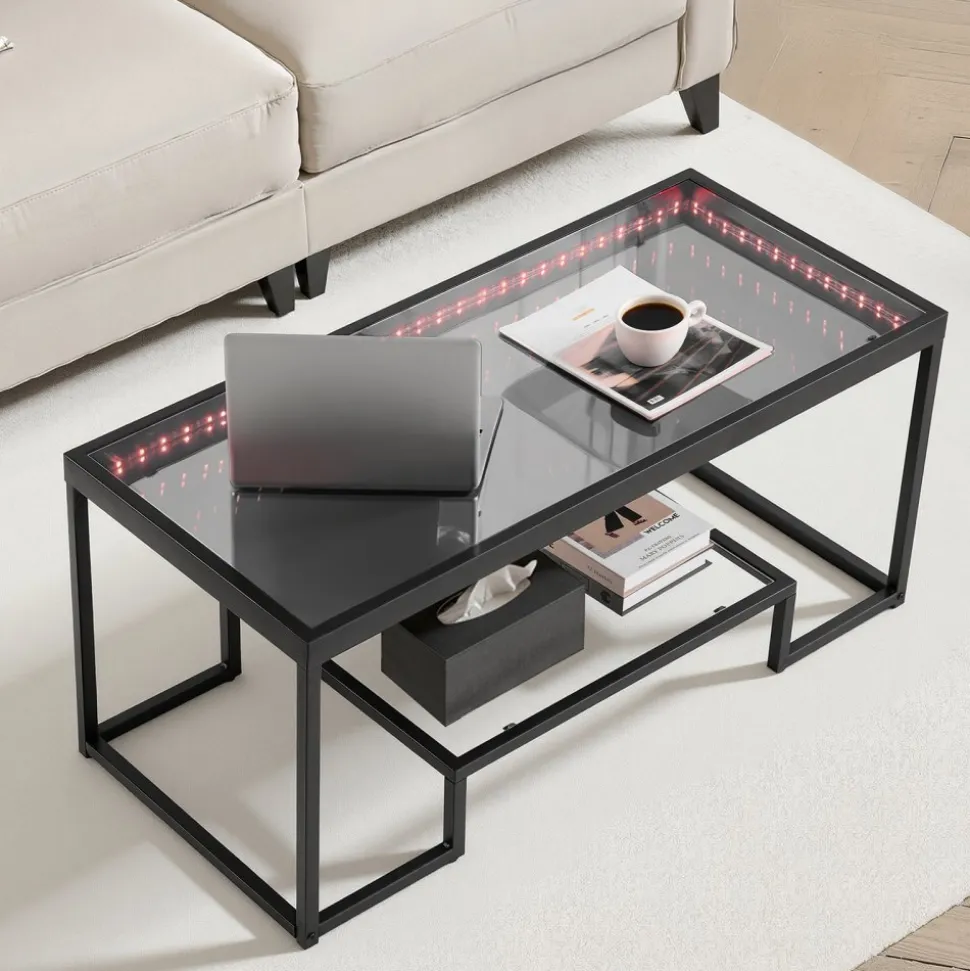 VEVOR Coffee Table, Modern Tempered Glass Coffee Table with Lighting, 2 Tiers Rectangle Glass Center Desk with Open Storage, Minimalist Metal Accent End Desk for Living Room, Office, Easy Assembly