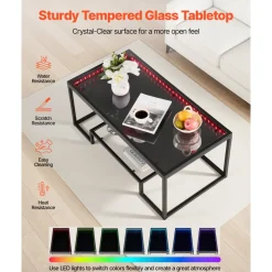 VEVOR Coffee Table, Modern Tempered Glass Coffee Table with Lighting, 2 Tiers Rectangle Glass Center Desk with Open Storage, Minimalist Metal Accent End Desk for Living Room, Office, Easy Assembly