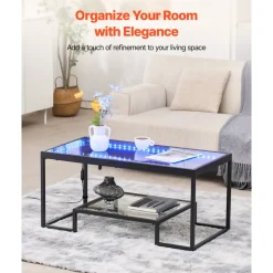 VEVOR Coffee Table, Modern Tempered Glass Coffee Table with Lighting, 2 Tiers Rectangle Glass Center Desk with Open Storage, Minimalist Metal Accent End Desk for Living Room, Office, Easy Assembly