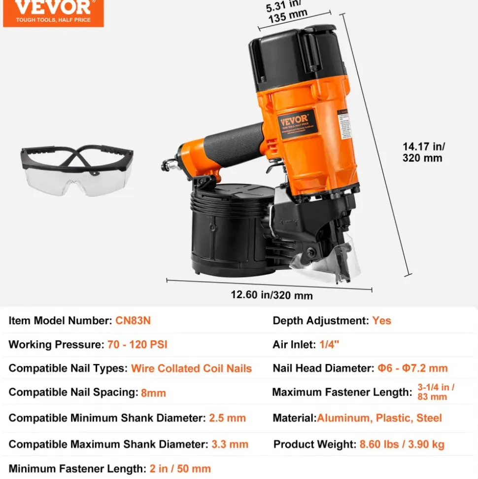 VEVOR Coil Siding/Framing Nailer CN83N, 2" to 3-1/4" 15 Degree Pneumatic Siding Nail Gun with Tool-Less Depth Adjustment, 70-120PSI Air Coil Nailer for Siding Sheathing Wooding Fencing Decking