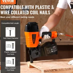 VEVOR Coil Siding Nailer CN65, 1-1/4" to 2-1/2" 15 Degree Pneumatic Siding Nail Gun with Tool-Less Depth Adjustment, 70-120PSI Air Coil Nailer for Siding, Pallet Sheathing, Wooding, Fencing, Decking