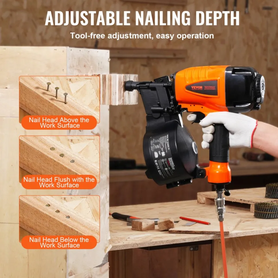 VEVOR Coil Siding Nailer CN65, 1-1/4" to 2-1/2" 15 Degree Pneumatic Siding Nail Gun with Tool-Less Depth Adjustment, 70-120PSI Air Coil Nailer for Siding, Pallet Sheathing, Wooding, Fencing, Decking