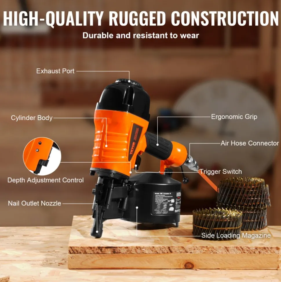 VEVOR Coil Siding Nailer CN65, 1-1/4" to 2-1/2" 15 Degree Pneumatic Siding Nail Gun with Tool-Less Depth Adjustment, 70-120PSI Air Coil Nailer for Siding, Pallet Sheathing, Wooding, Fencing, Decking