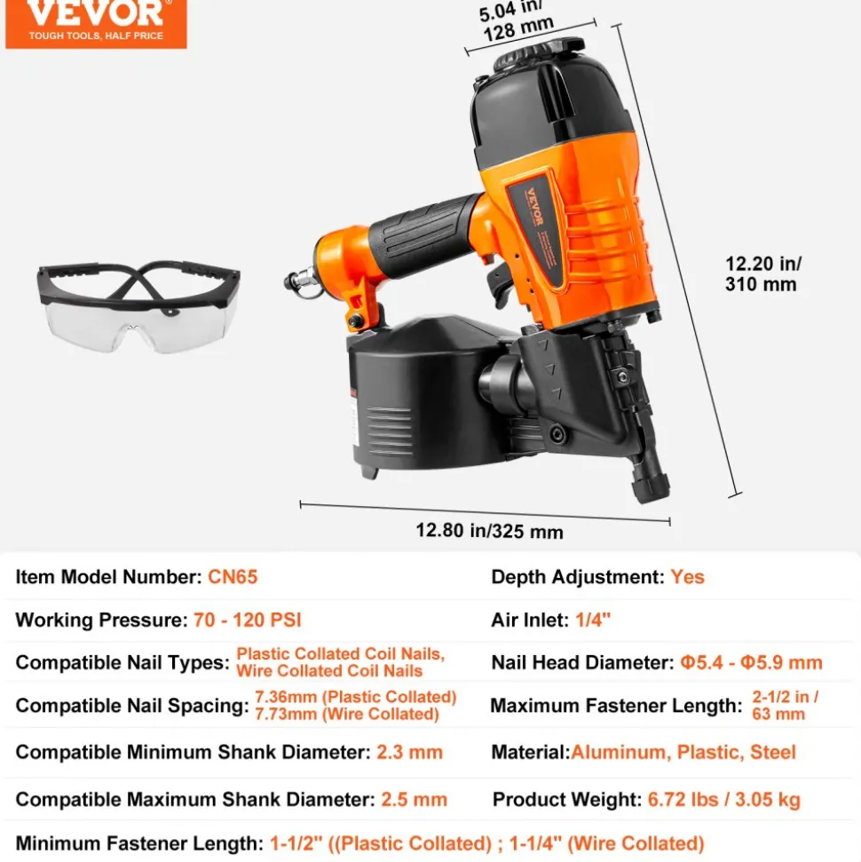 VEVOR Coil Siding Nailer CN65, 1-1/4" to 2-1/2" 15 Degree Pneumatic Siding Nail Gun with Tool-Less Depth Adjustment, 70-120PSI Air Coil Nailer for Siding, Pallet Sheathing, Wooding, Fencing, Decking