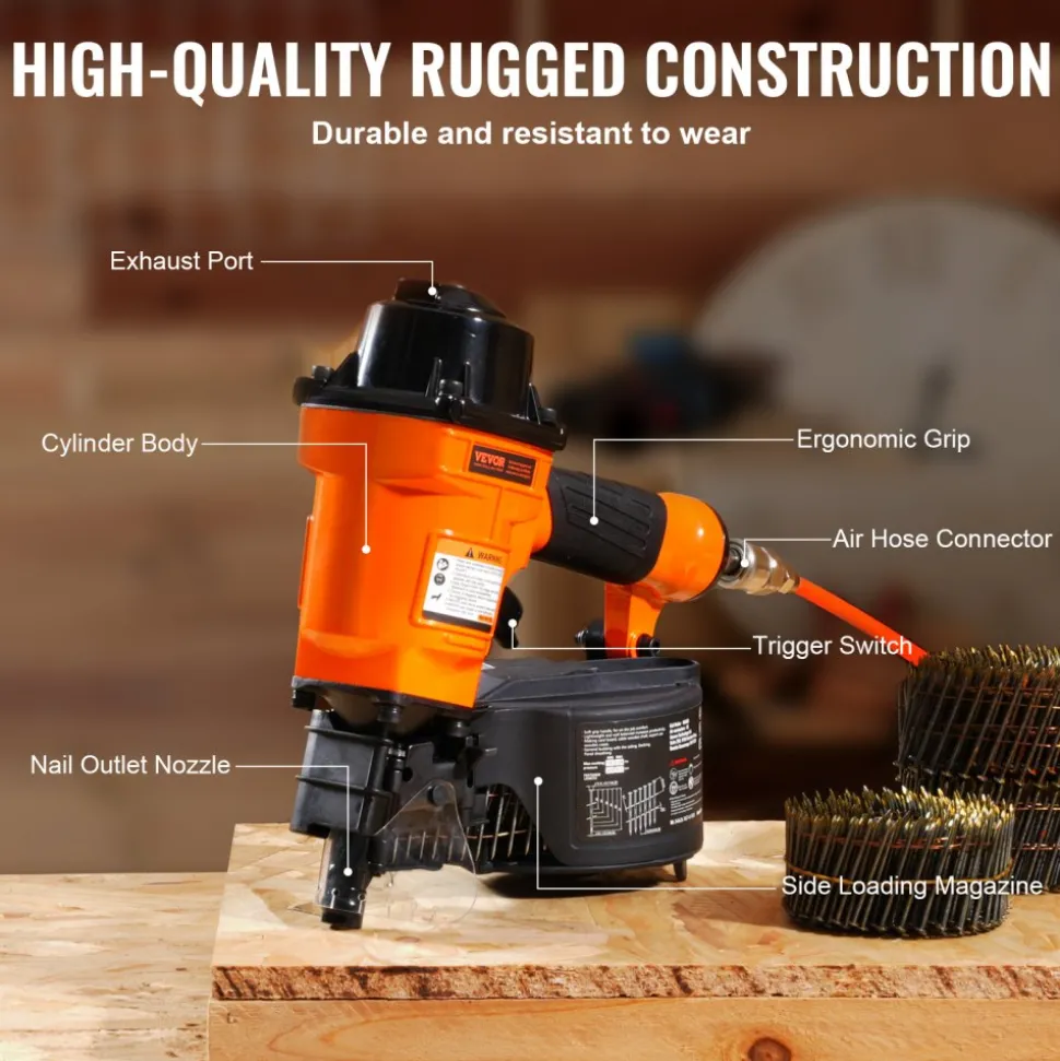VEVOR Coil Siding Nailer MCN55, 1 inch to 2-1/4 inch 15 Degree Pneumatic Siding Nail Gun, 70-120PSI Air Coil Nailer for Siding, Pallet Sheathing, Fencing, Decking