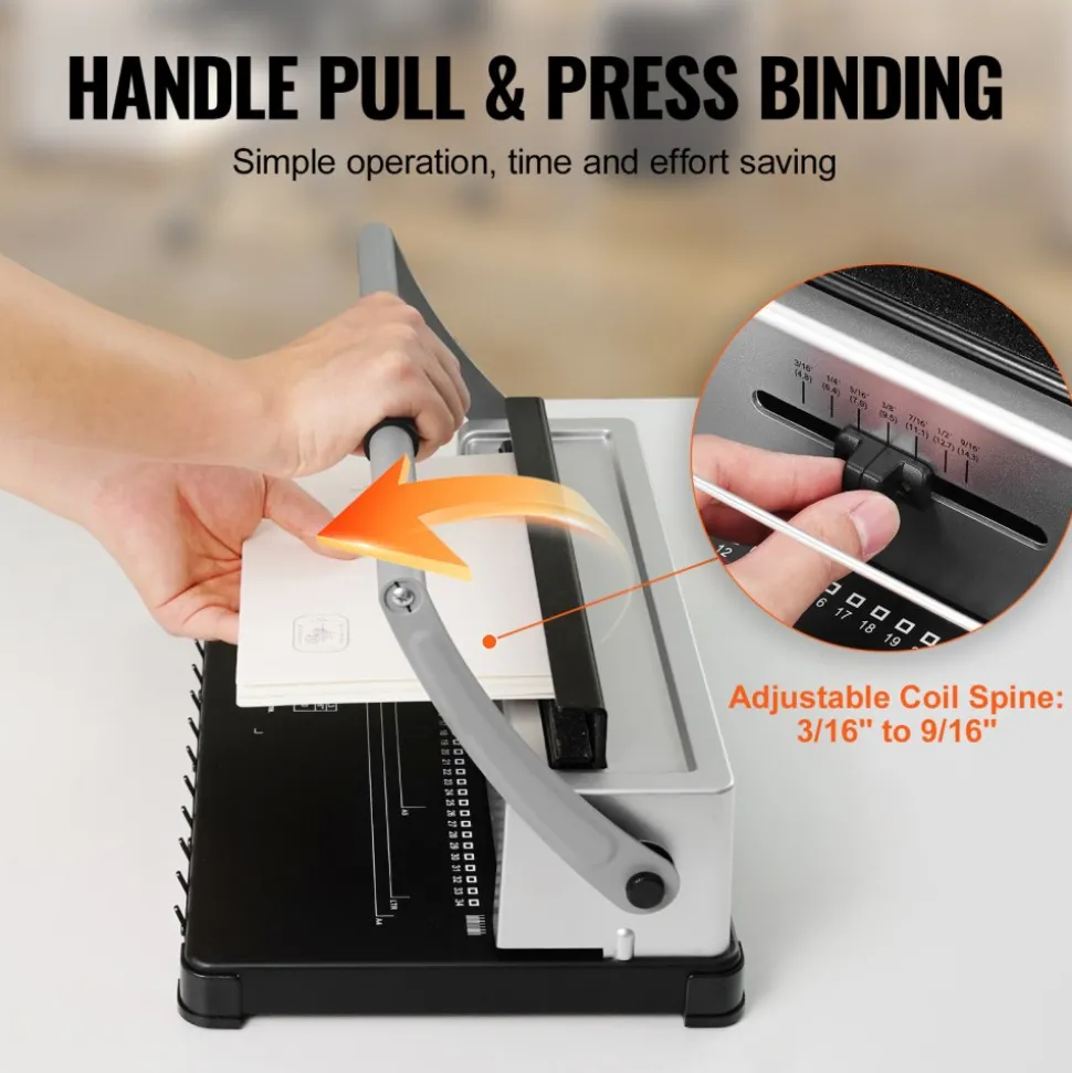 VEVOR Coil Spiral Binding Machine, Manual Book Maker 34-Holes Binding 120 Sheets, Punch Binder with Adjustable 3/16" - 9/16" Coil Binding Spines and Side Margin, for Letter Size, A4, A5