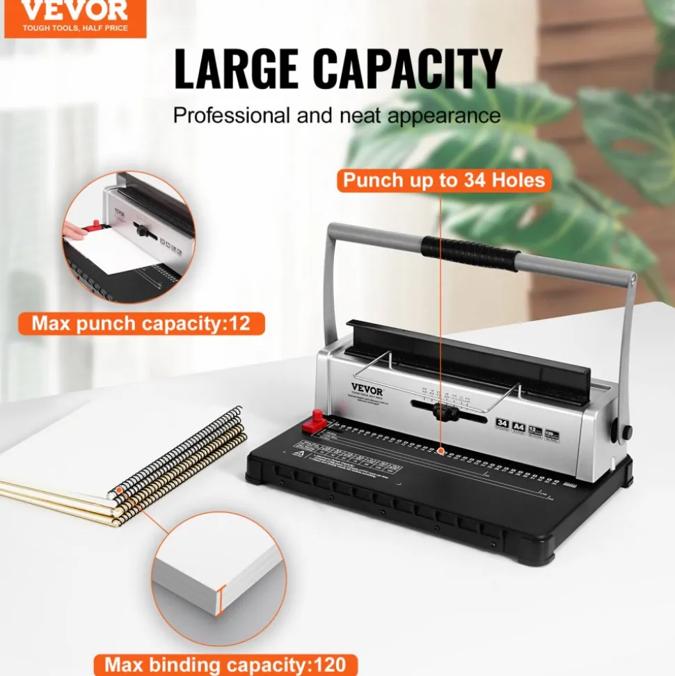VEVOR Coil Spiral Binding Machine, Manual Book Maker 34-Holes Binding 120 Sheets, Punch Binder with Adjustable 3/16" - 9/16" Coil Binding Spines and Side Margin, for Letter Size, A4, A5