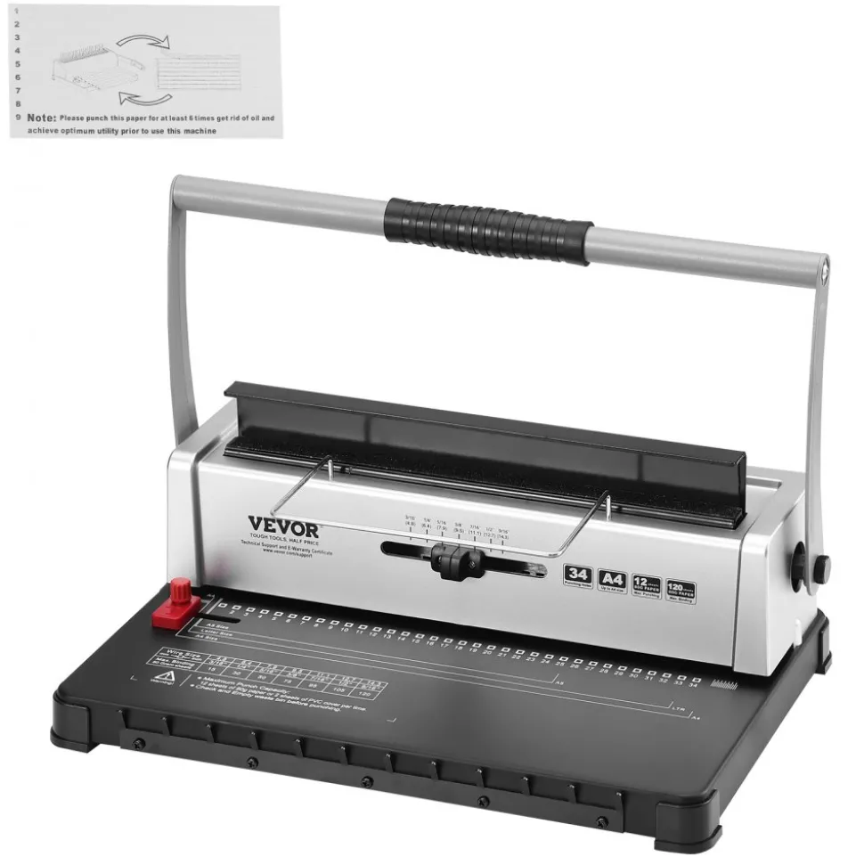 VEVOR Coil Spiral Binding Machine, Manual Book Maker 34-Holes Binding 120 Sheets, Punch Binder with Adjustable 3/16" - 9/16" Coil Binding Spines and Side Margin, for Letter Size, A4, A5