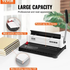 VEVOR Coil Spiral Binding Machine, Manual Book Maker 34-Holes Binding 120 Sheets, Punch Binder Adjustable 3/16