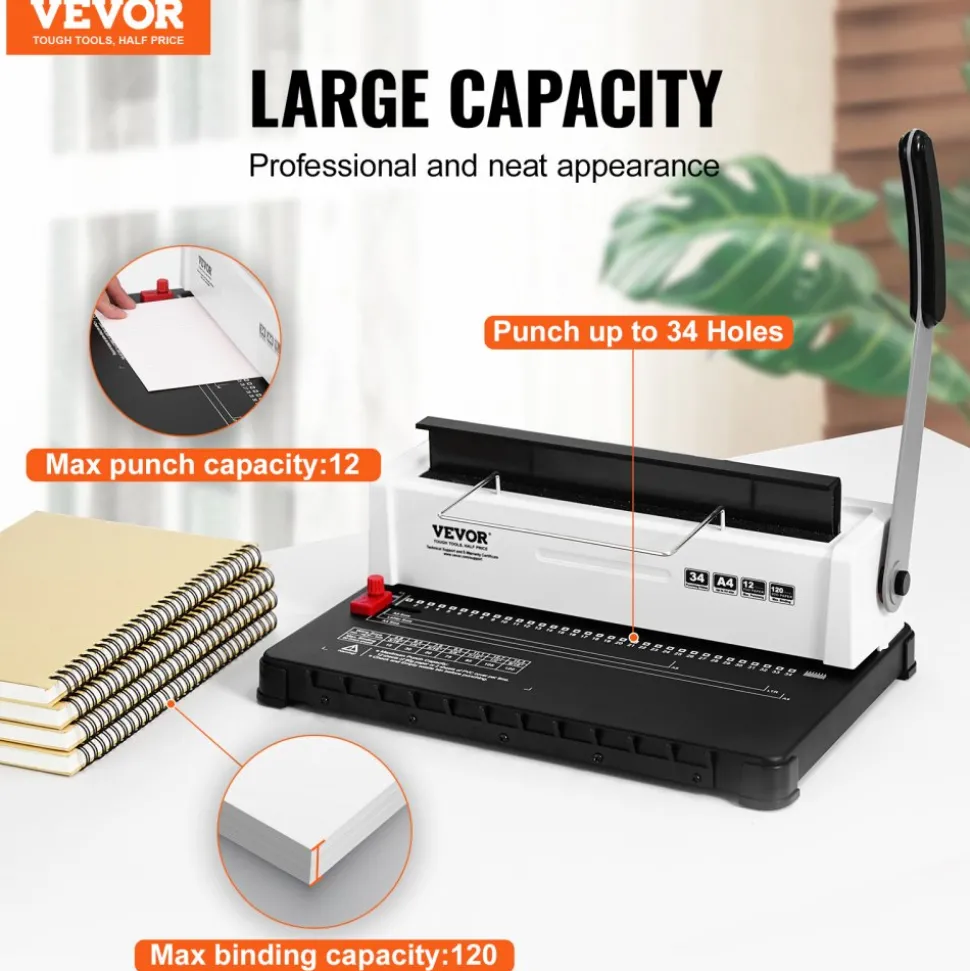 VEVOR Coil Spiral Binding Machine, Manual Book Maker 34-Holes Binding 120 Sheets, Punch Binder Adjustable 3/16" - 9/16" Coil Binding Spines, for Letter Size, A4, A5