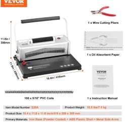 VEVOR Coil Spiral Binding Machine, Manual Book Maker with Electric Binding, 46-Holes Binding 500 Sheets Punch Binder, with 100pcs 5/16'' Coil Binding Spines, for Letter Size, A4, A5