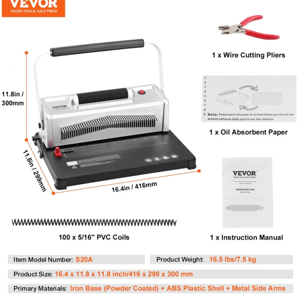 VEVOR Coil Spiral Binding Machine, Manual Book Maker with Electric Binding, 46-Holes Binding 500 Sheets Punch Binder, with 100pcs 5/16'' Coil Binding Spines, for Letter Size, A4, A5