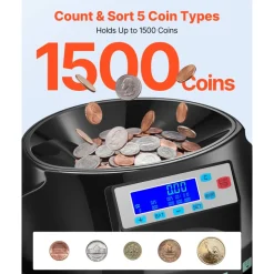 VEVOR Coin Counter Machine, 5 Denominations, Accurate Coin Sorter Machine, Sorts Up to 225 Coins Per Minute, USD Change Counter with LCD Display, Smooth Operation, Batch Feature, Holds 1500 Coins