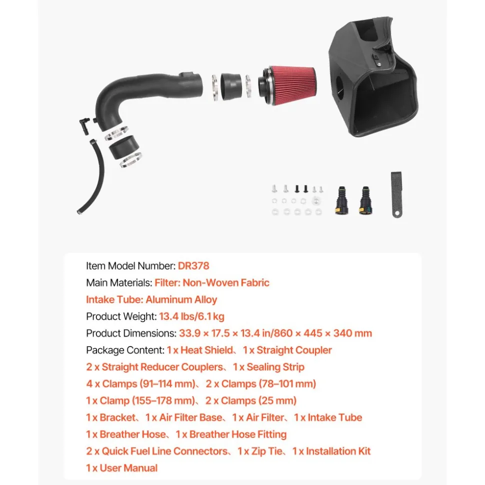 VEVOR Cold Air Intake, 3.9 Inch Cold Air Intake System + Heat Shield Compatible with 2019-2025 Chevy Silverado/GMC Sierra, 2021-2025 Cadillac Escalade 6.2L, High Flow Filter Kit Improved Horsepower
