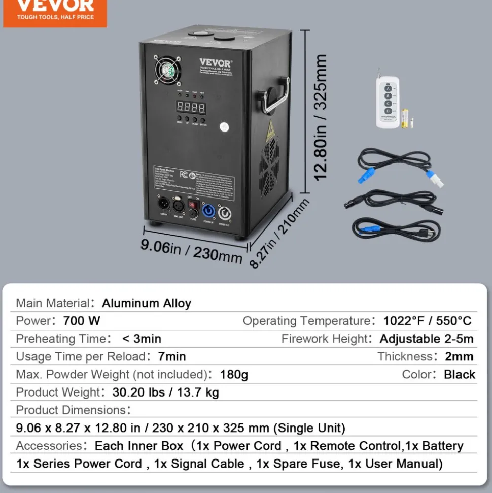 VEVOR Cold Spark Machine, 2 Pack 700W Output Fireworks Controllers, 6.6-16.4ft Adjustable Height, with Advanced DMX System,LED Screen,Portable Handle, Aluminum Alloy for Stage DJ Wedding Event,Party