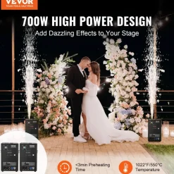 VEVOR Cold Spark Machine, 2 Pack 700W Output Fireworks Controllers, 6.6-16.4ft Adjustable Height, with Advanced DMX System,LED Screen,Portable Handle, Aluminum Alloy for Stage DJ Wedding Event,Party