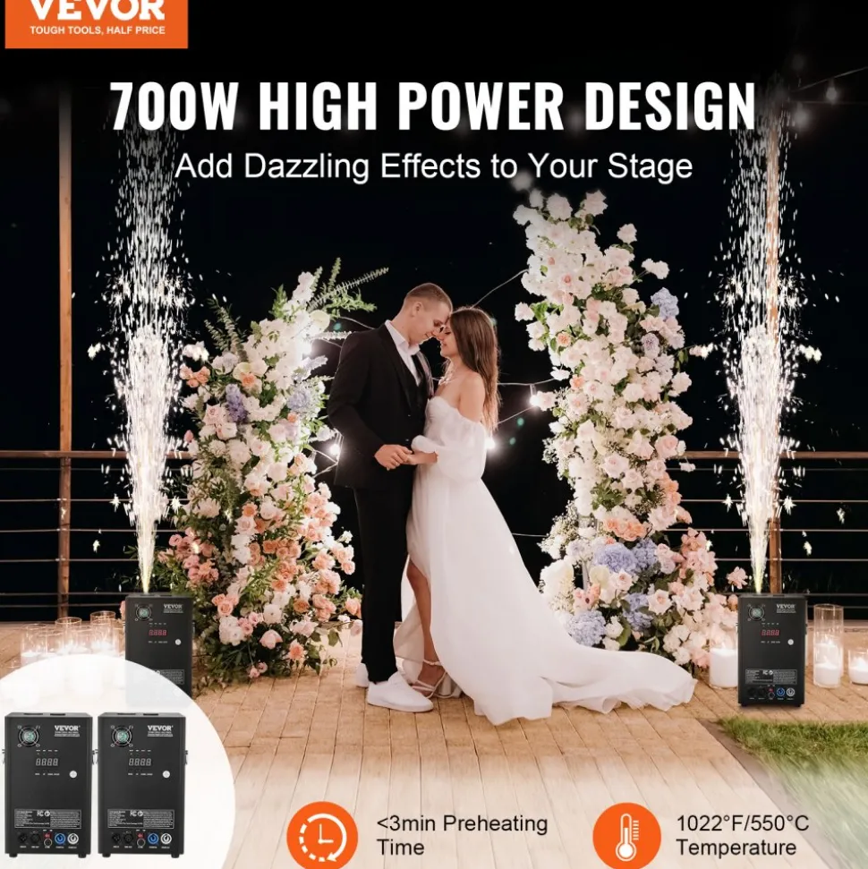 VEVOR Cold Spark Machine, 2 Pack 700W Output Fireworks Controllers, 6.6-16.4ft Adjustable Height, with Advanced DMX System,LED Screen,Portable Handle, Aluminum Alloy for Stage DJ Wedding Event,Party